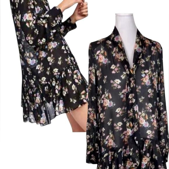 Zara Mini Dress Womens Size XS Black Floral Flowy Chiffon Romantic Feminine Boho - Picture 1 of 14